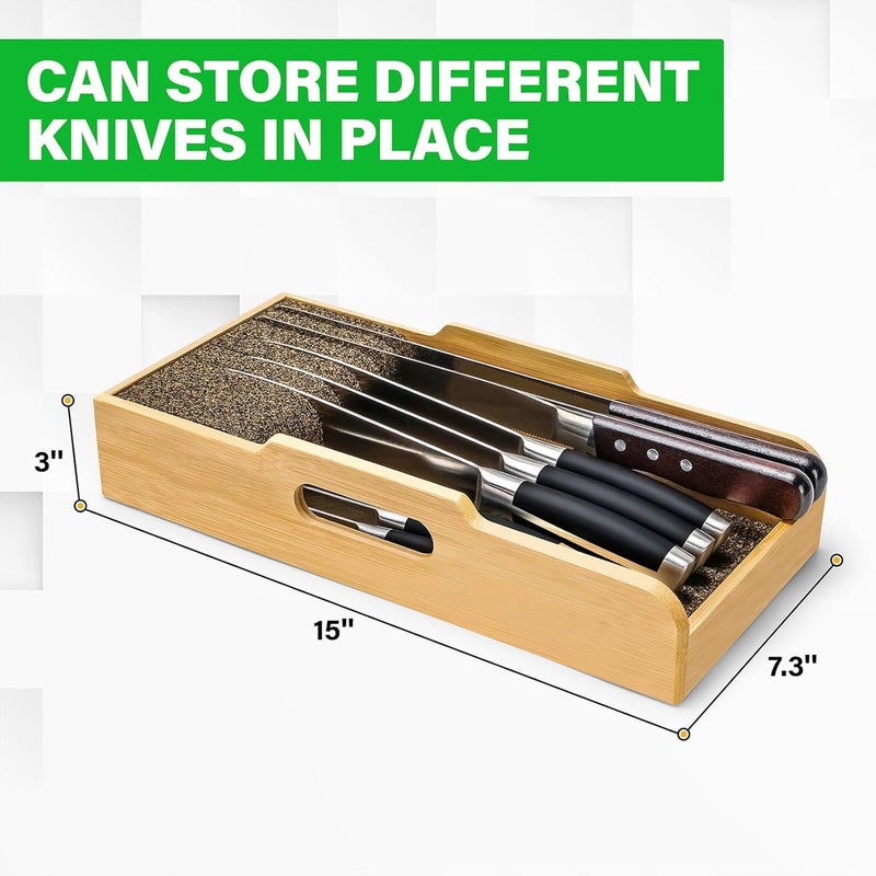 Mospten Bamboo Knife Drawer Organizer Insert - Kitchen In-Drawer Knife Block Holder, Flexible Dividers for Knives Organization - Image 3